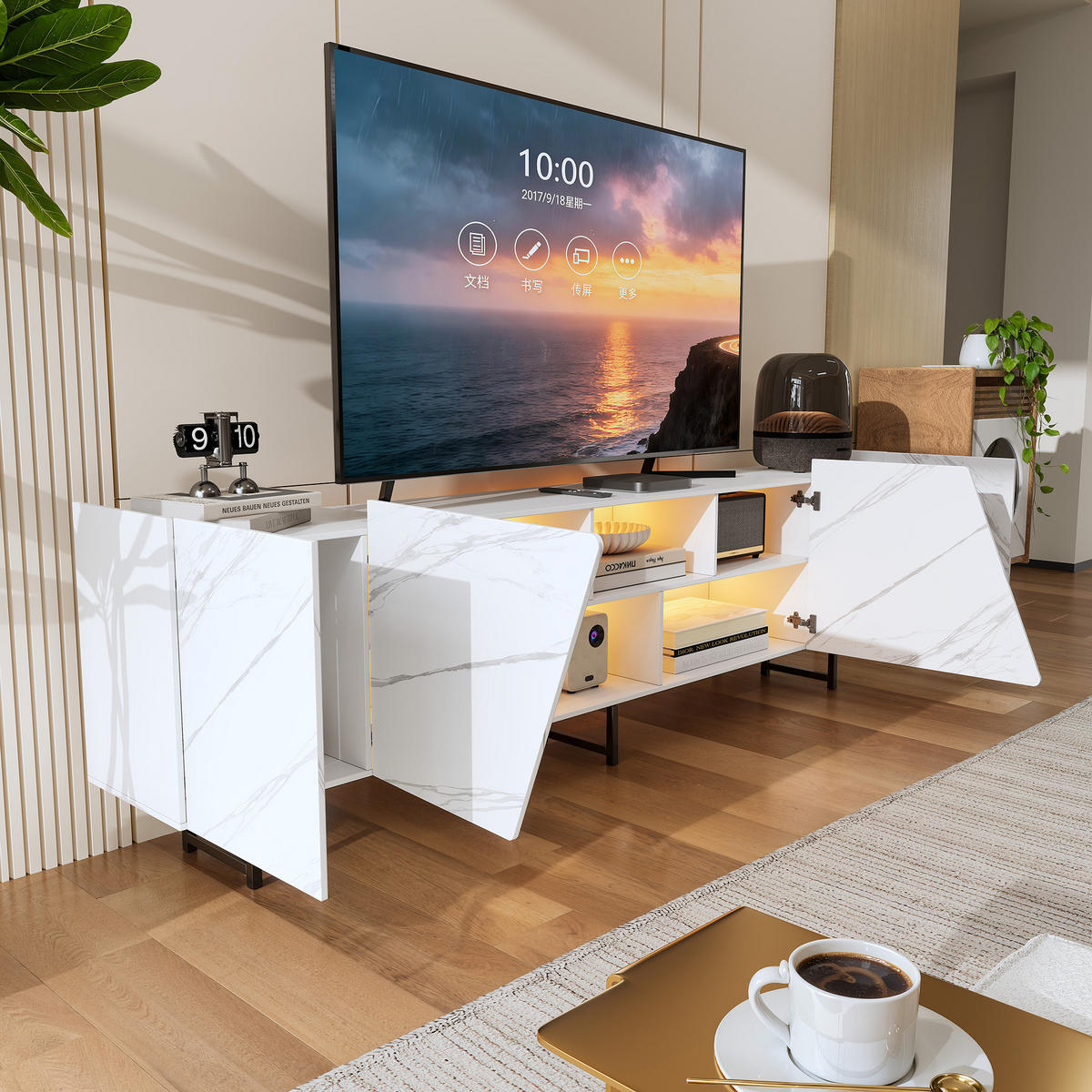 TV-BOARD weiß 220cm marmor-optik metallgestell - Weiß, Holzwerkstoff (34.5/67.7/220cm) - SHOPENTRA