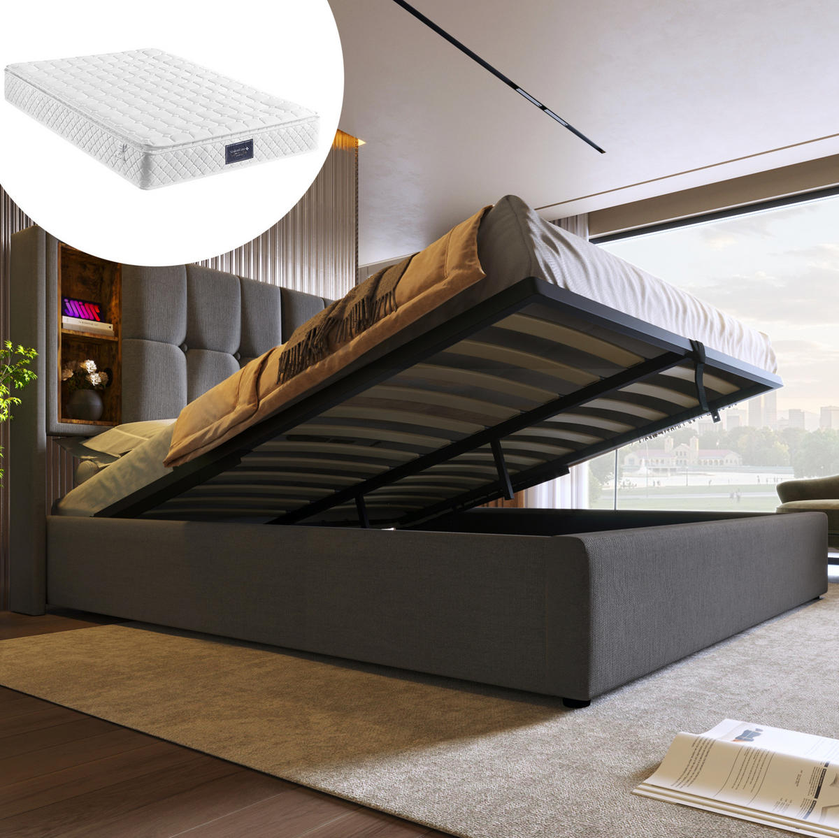 ČALÚNENÁ posteľ z bavlny 140x200 cm sivá s bezdrôtovým nabíjaním, USB-C, úložným priestorom a matracom - sivá, textil (140/200cm) - Modfu