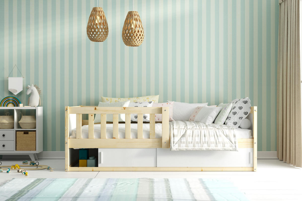 BODENBETT 80x160 cm in Pine ,Montessori Kinderbett mit Stauraum & Rausfallschutz Smart 2 - Naturfarben, Holz (80/160cm) - Interbeds