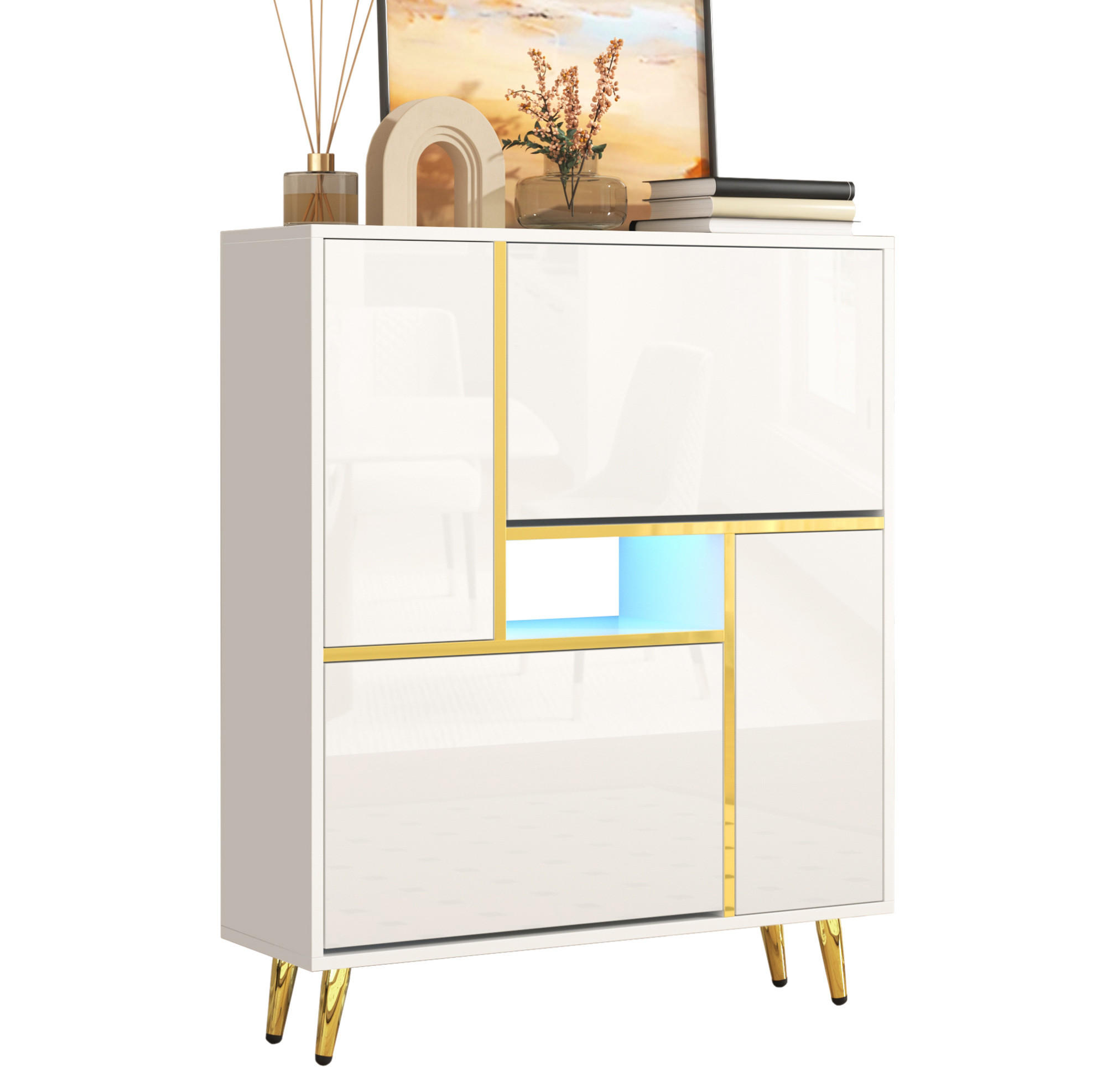 SCHUHSCHRANK 80/25/96 cm in Weiß mit Hochglanzfront und LED-Beleuchtung - Weiß, Holzwerkstoff (80/96/25cm) - Flora Grace