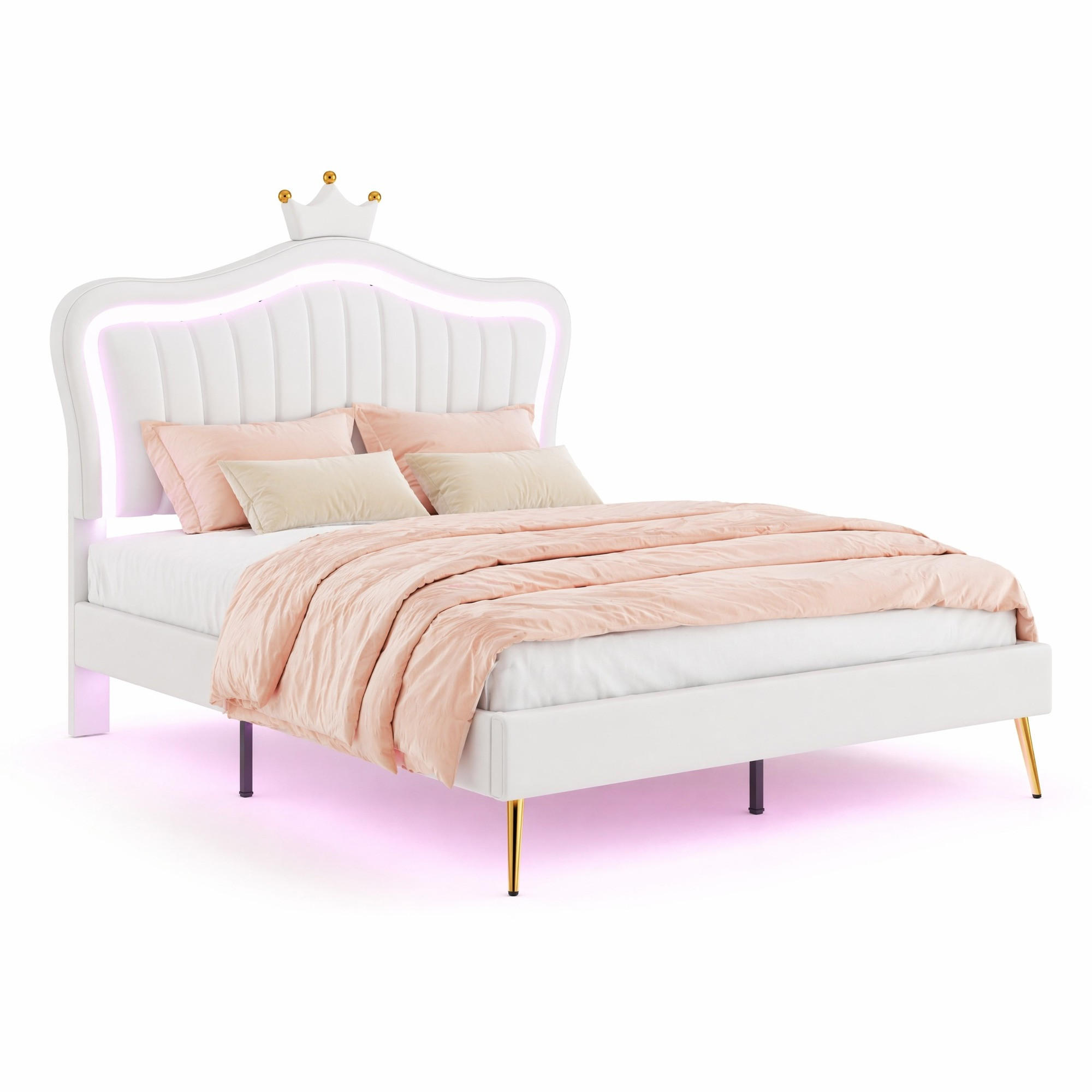 KINDERBETT 140/200 cm in Weiß mit LED und Verstellbarem Kopfteil aus Kunstleder - Weiß, Holzwerkstoff/Textil (140/200cm) - CHICFURN