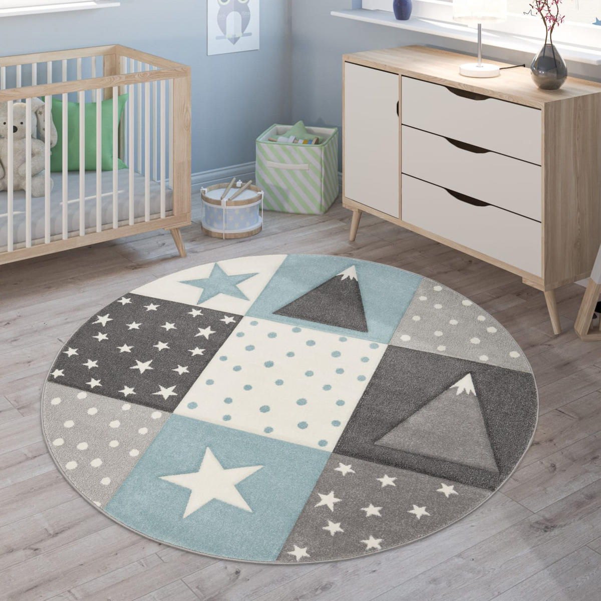 KINDERTEPPICH Patchwork schmutzabweisend Blau Rund 120D - Blau, Textil (120/120cm) - KADIMA DESIGN