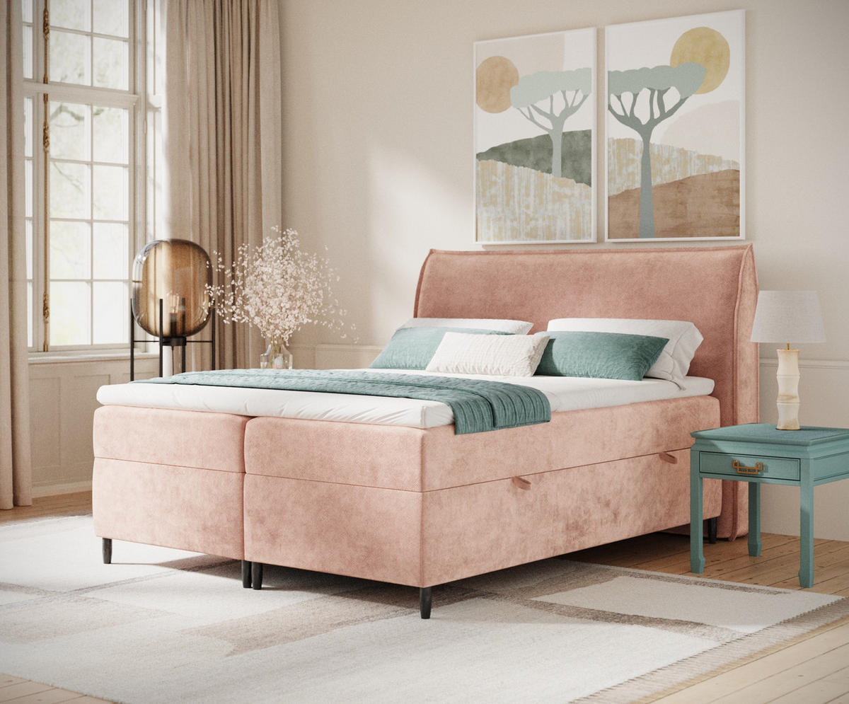 BOXBETT 200/200 cm Corvus, in Rosa, Matratze, Topper, Bettkasten, H2 = mittel - Pink/Schwarz, Holz/Holzwerkstoff (200/200cm) - Maison de Reve