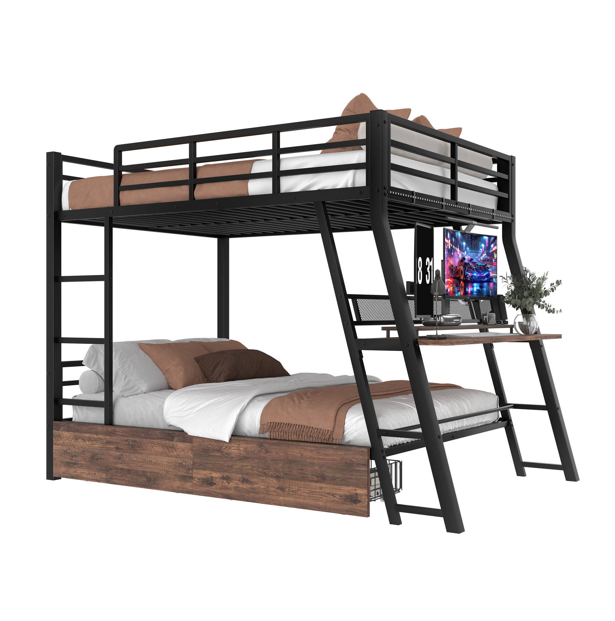 HOCHBETT aus Metall und MDF 140x200 cm Schwarz mit LED-Leiste, Schubladen, Treppe und Schreibtisch - Schwarz, Metall (140/200cm) - Modfu