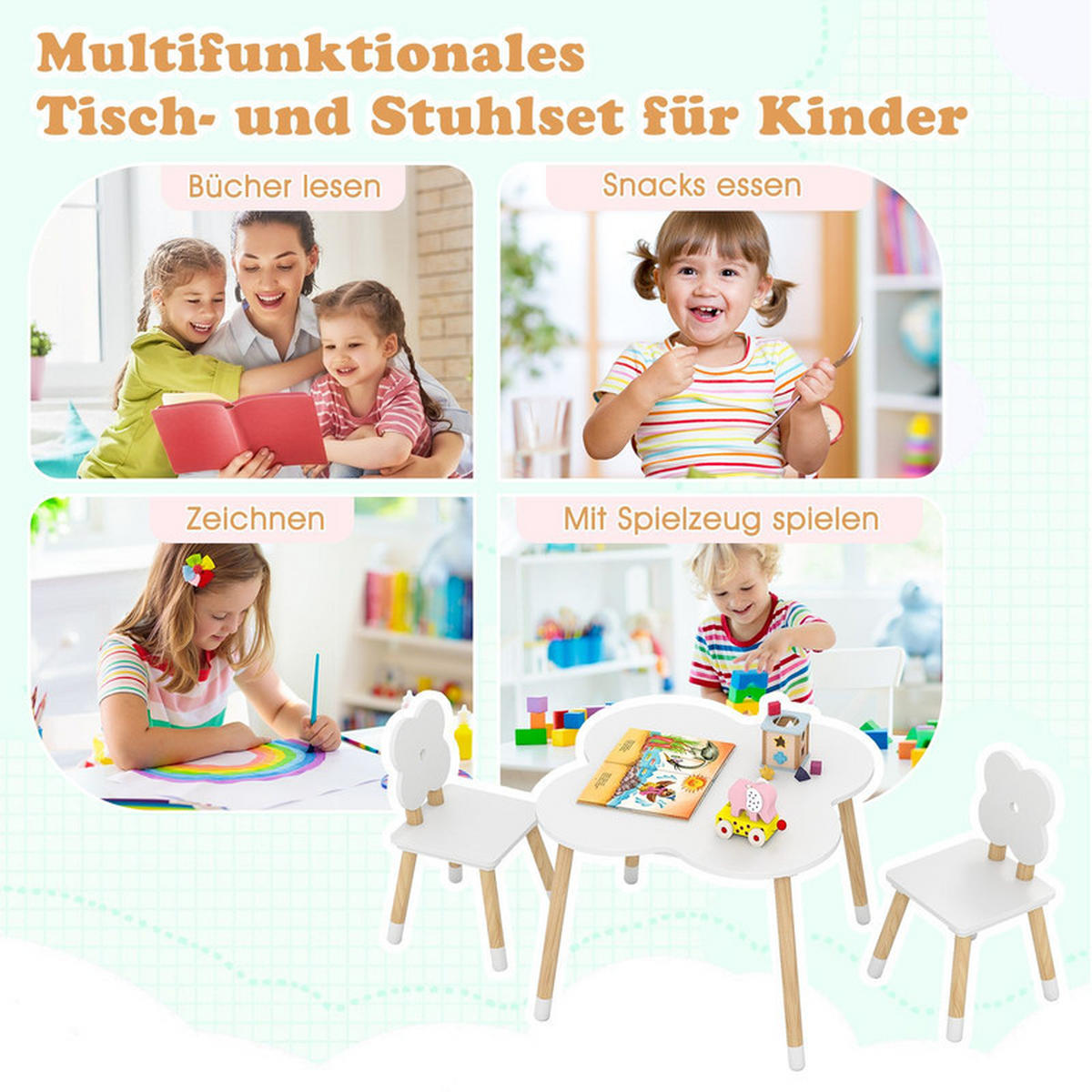 KINDERTISCH mit stuhl weiß(3-tlg) - Weiß, Holzwerkstoff (60/44/60cm) - COSTWAY