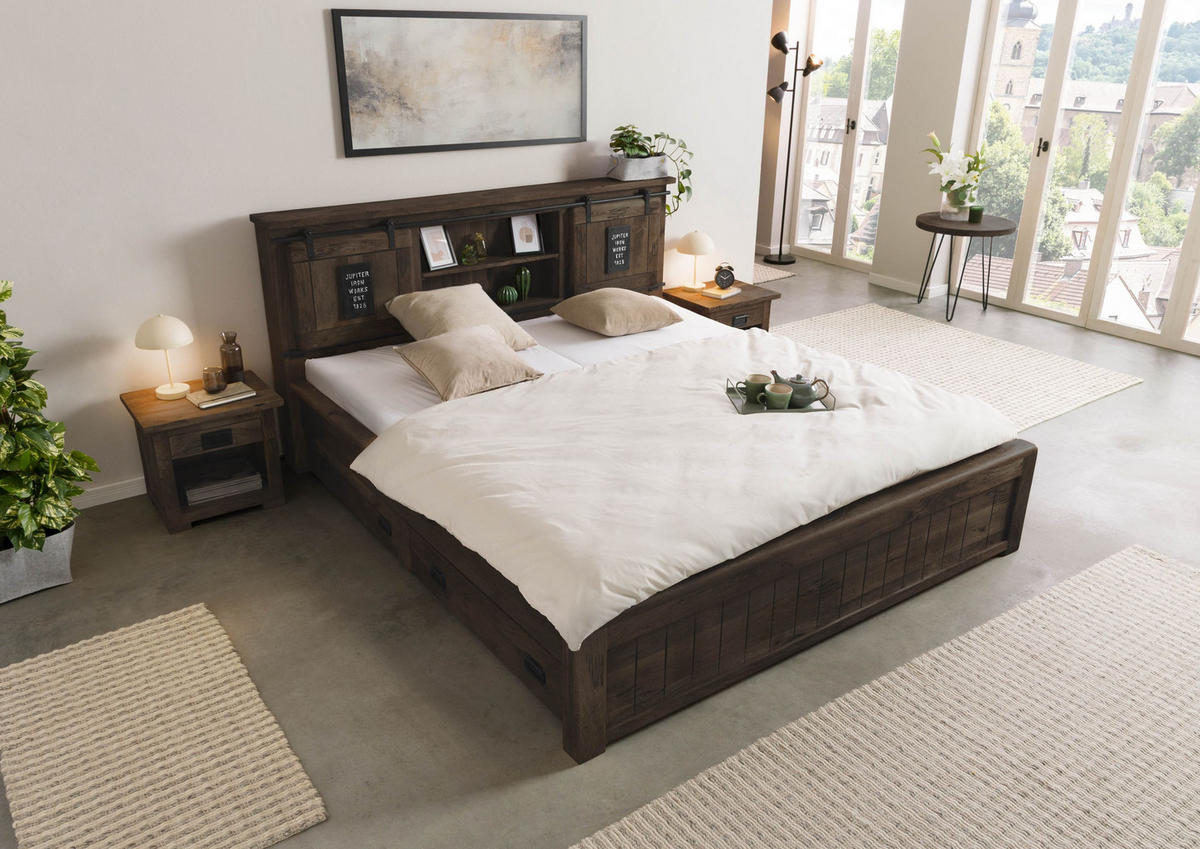 HOLZBETT mit Schublade Mango 140x200 grau lackiert RAILWAY #270 - Grau, Holz (140/200cm) - Massivmoebel24