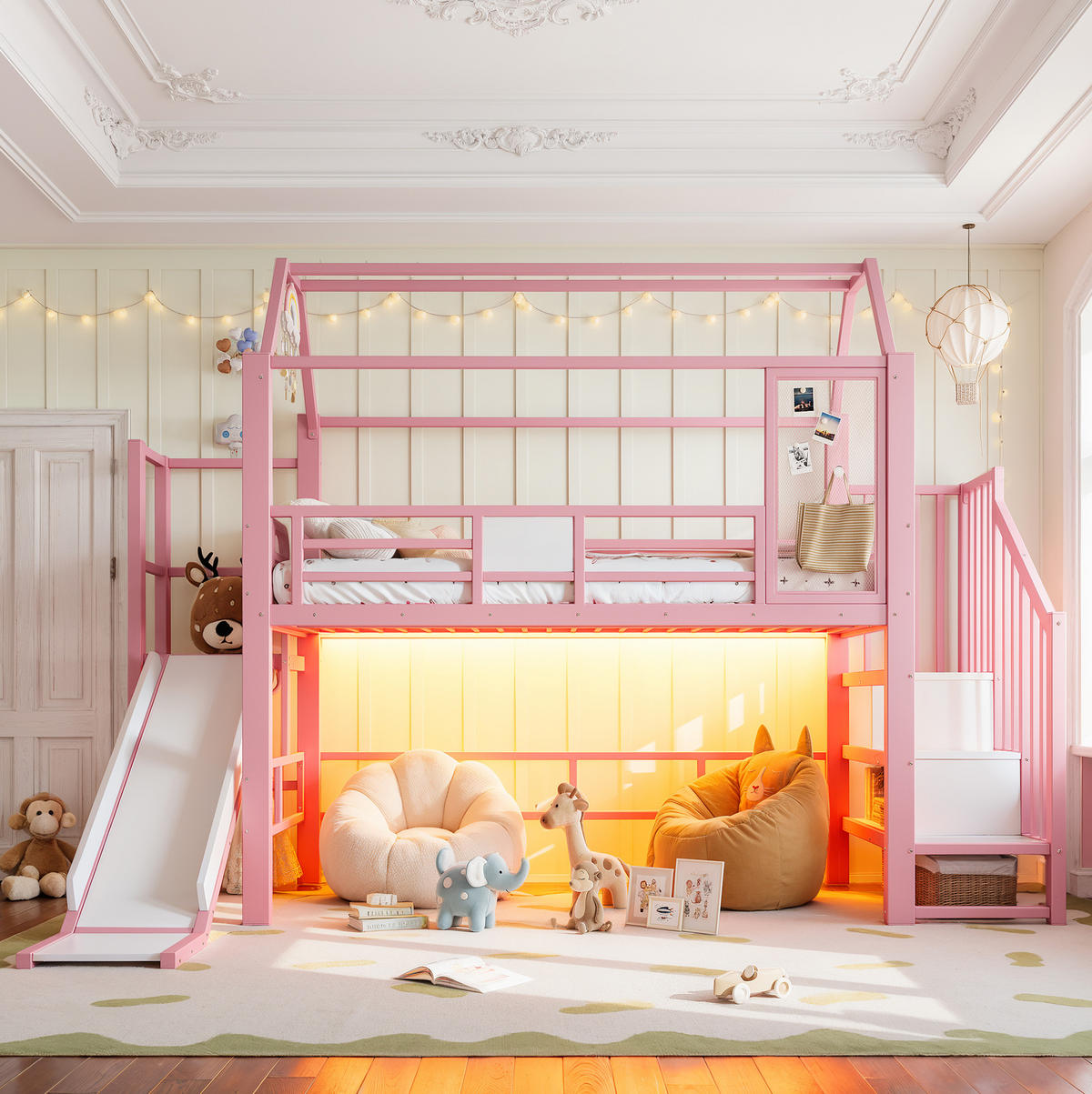 KINDERHOCHBETT MDF & Metall 90x200 cm Pink mit Rutsche, Treppe und LED-Beleuchtung im Hausdesign - Pink, Holzwerkstoff (90/200cm) - Modfu