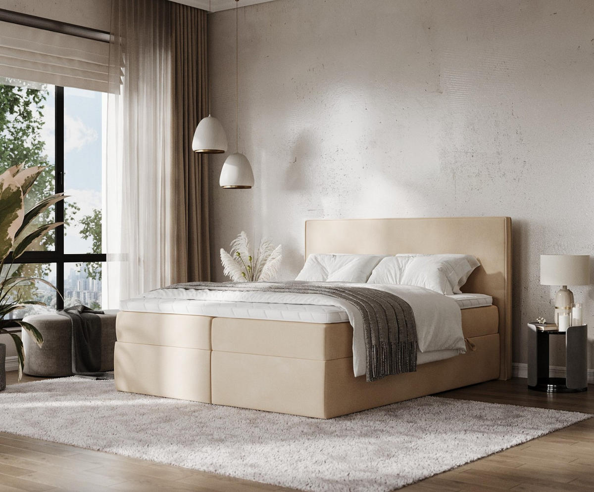 BOXBETT Nuvia 140/200 cm Beige im Kronos Stoff - Beige/Schwarz, Holz/Holzwerkstoff (140/200cm) - AltaBeds