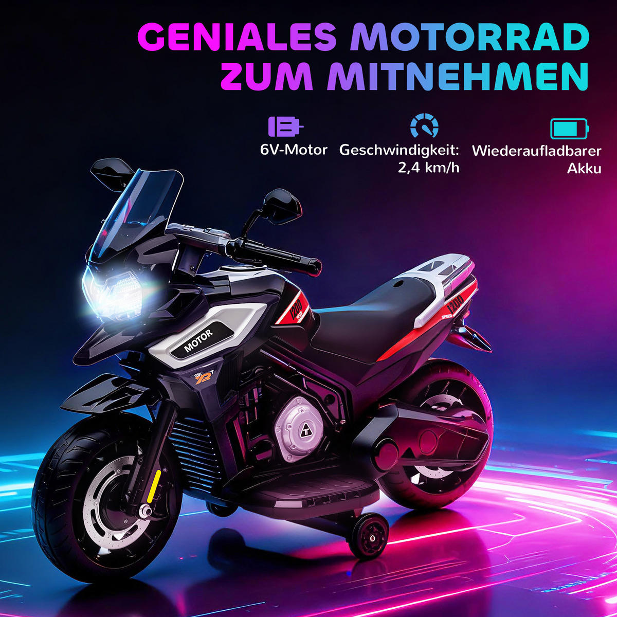 ELEKTRO-MOTORRAD DE-06206 mit Hilfsrädern, Lichtern und Musik Schwarz - Schwarz, Kunststoff/Metall (85.5/44.5/56cm) - ComfortXL