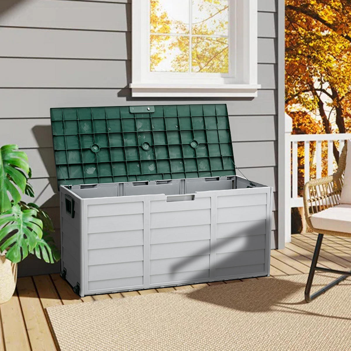 GARTENBOX 290L aus PP Kunststoff in Grün+Hellgrau mit Rollen, Modell Robuste Konstruktio 112 cm B x 49 cm T x 54 cm H - Grün, Kunststoff (112/54/49cm) - Livingandhome
