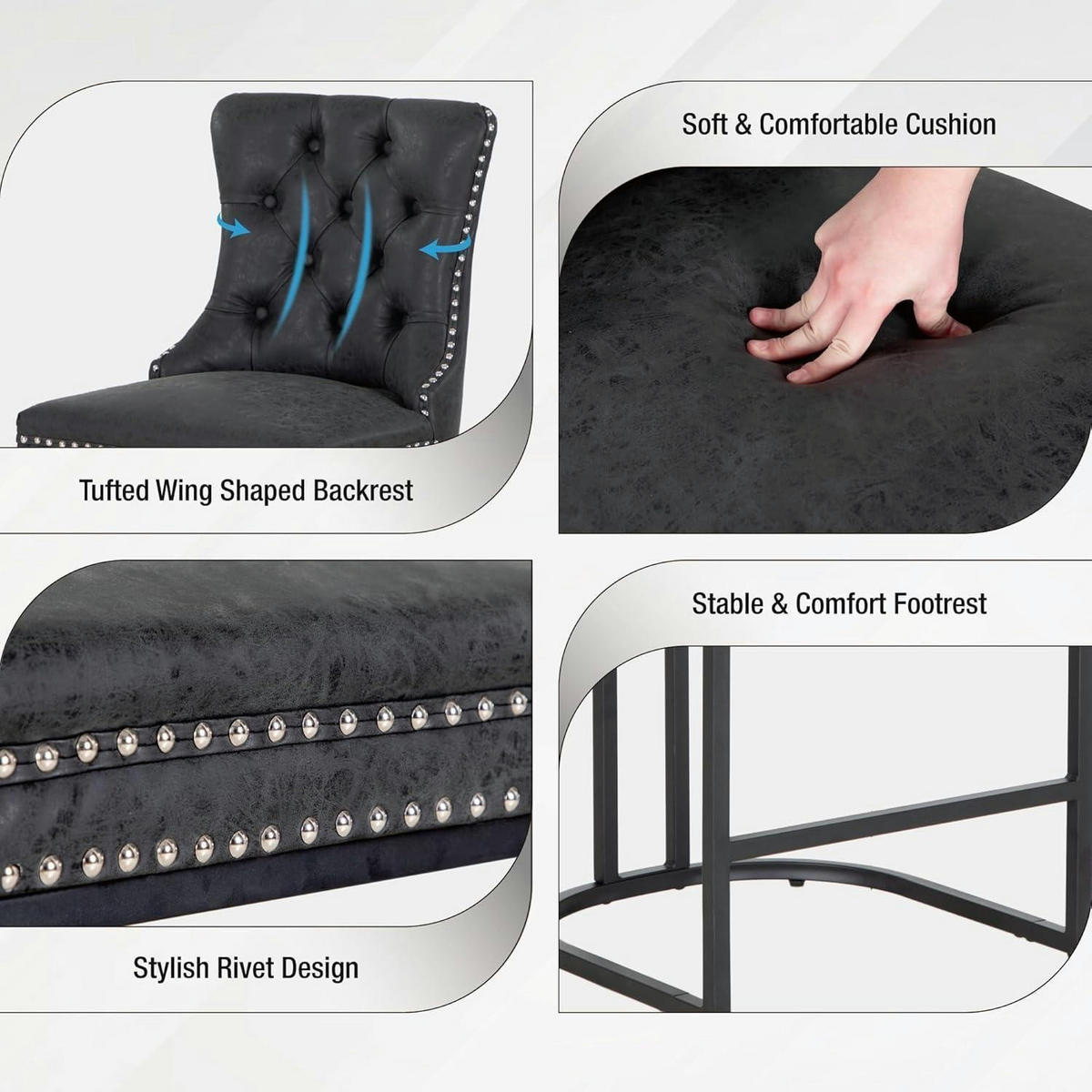 BARHOCKER 2er Set Kunstleder Schwarz mit Knopfsteppung und Nieten - Schwarz, Kunststoff (51/104/60cm)
