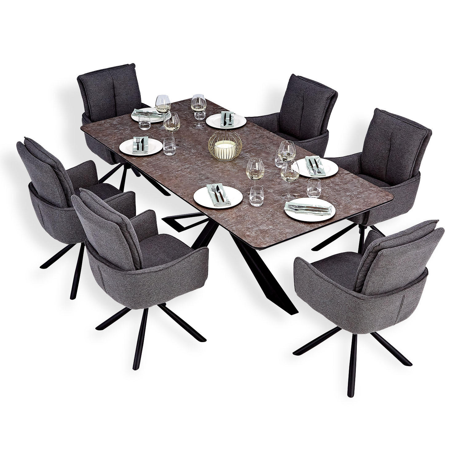 TISCHGRUPPE 200x100 cm braun schwarz mit 6 Stühle Anthrazit - Anthrazit/Braun, Metall (100/94/200cm) - Homestyle4u