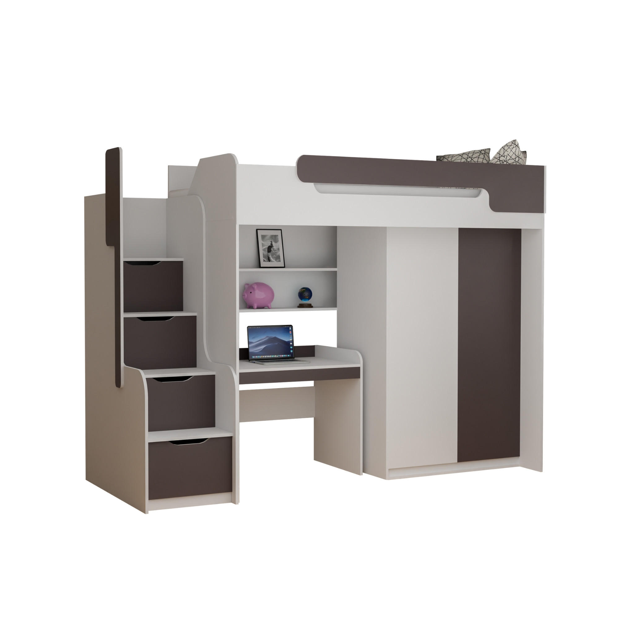 ETAGENBETT ARTHUR 90/200 in Weiß/Grau mit Schreibtisch und Kleiderschrank - Weiß/Grau, Holzwerkstoff (90/200cm) - Deine Möbel 24