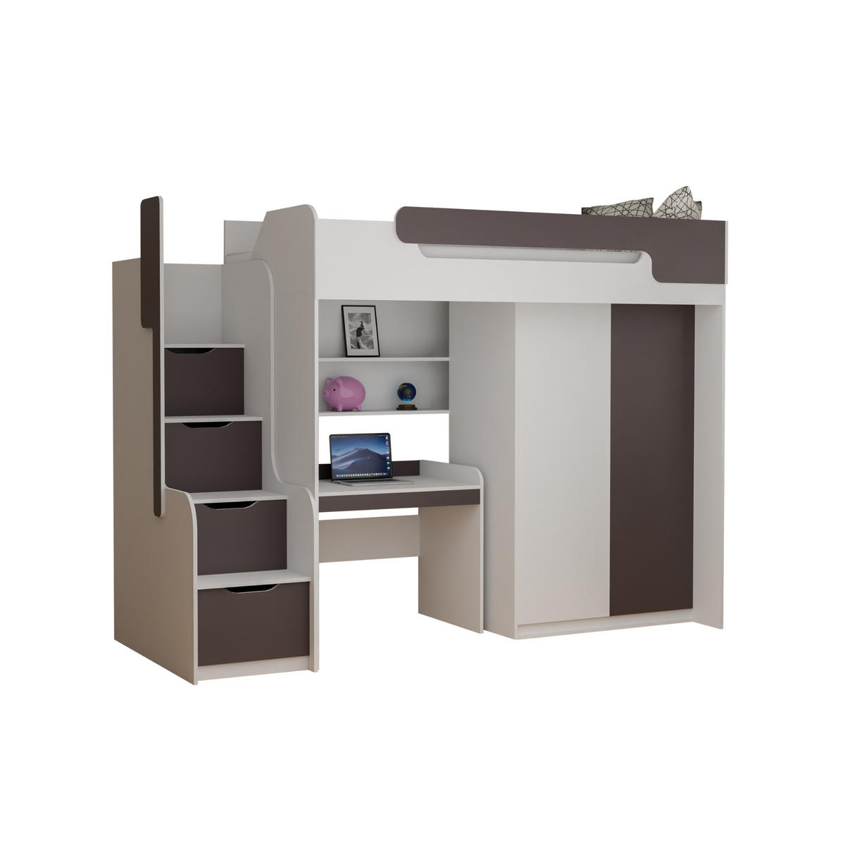ETAGENBETT ARTHUR 90/200 in Weiß/Grau mit Schreibtisch und Kleiderschrank - Weiß/Grau, Holzwerkstoff (90/200cm) - Deine Möbel 24