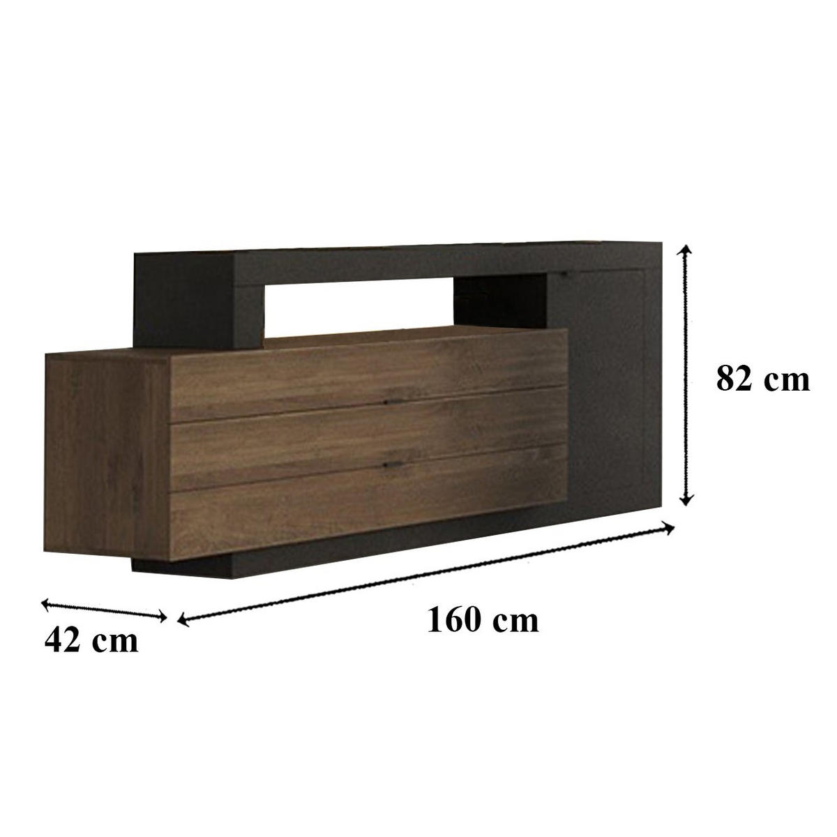 SIDEBOARD 1 Tür und 3 Schubladen Journey - L160 cm - Schwarz, Holzwerkstoff (42/82/160cm) - Calicosy