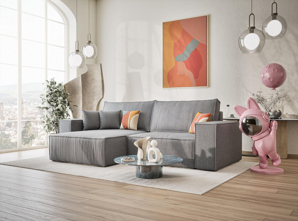 ECKSOFA MIT SCHLAFFUNKTION Zaya Grau Webstoff - Schwarz/Grau, Holz/Holzwerkstoff (255/148cm) - Maison de Reve