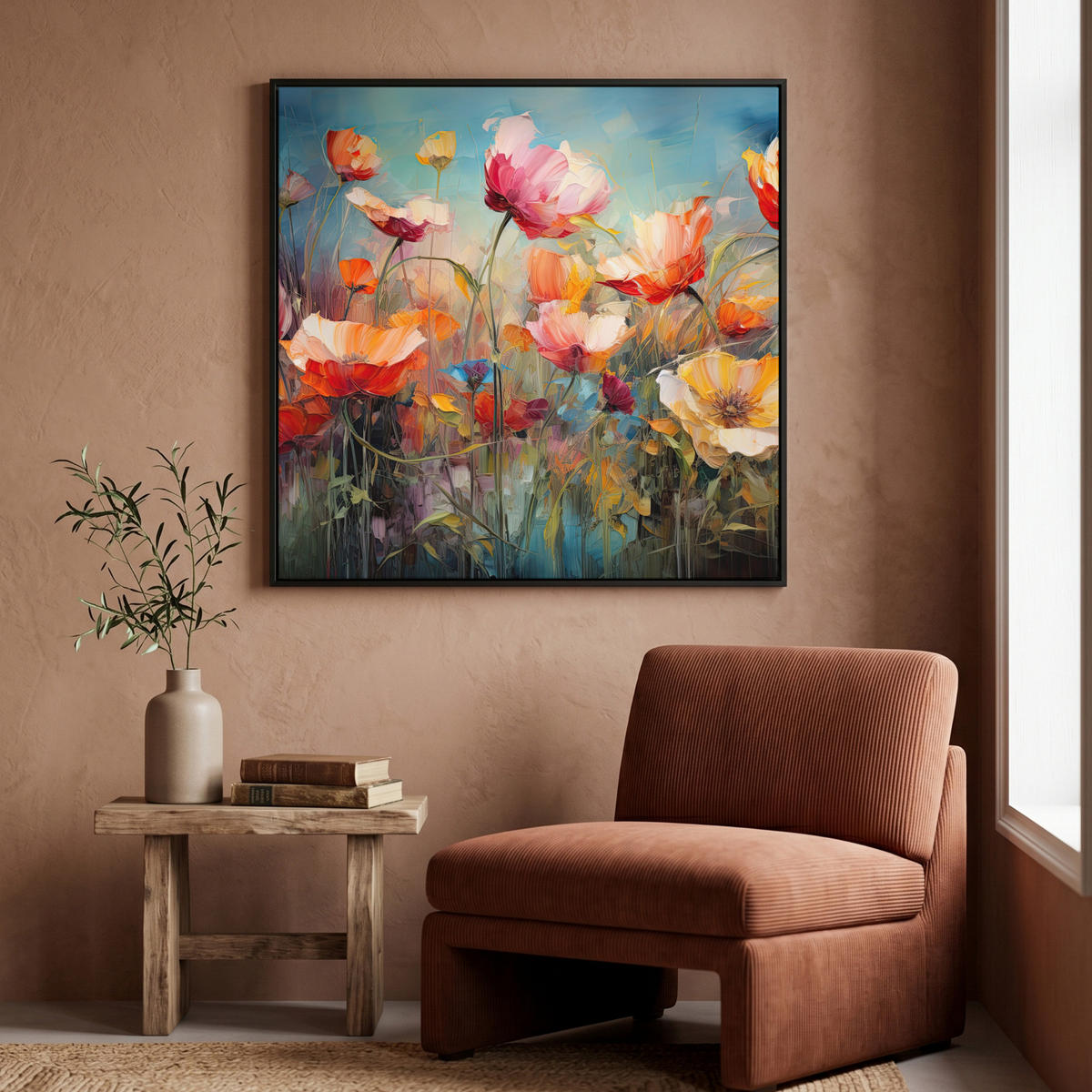 LEINWAND Bilder mit Rahmen - Blumen - Aquarell - Kunst - Botanisch - Natur - 90x90 - Orange, Textil (90/90cm) - MuchoWow