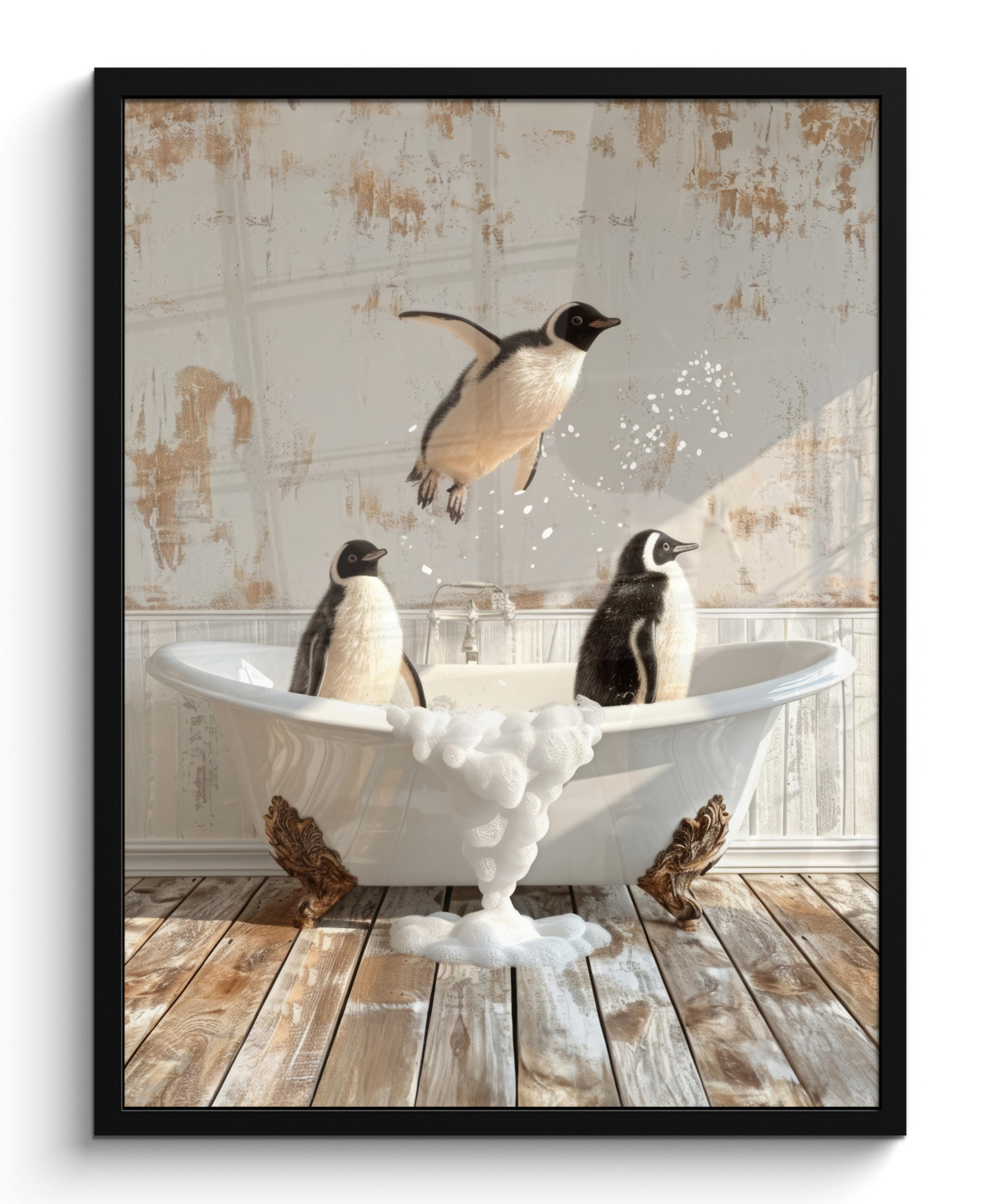 GERAHMTES BILD Vintage - Pinguin - Badewanne - Schaumstoff 60x80 cm - Schwarz, Papier (60/80cm) - MuchoWow