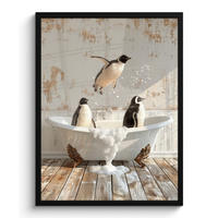 GERAHMTES BILD Vintage - Pinguin - Badewanne - Schaumstoff 60x80 cm - Schwarz, Papier (60/80cm) - MuchoWow