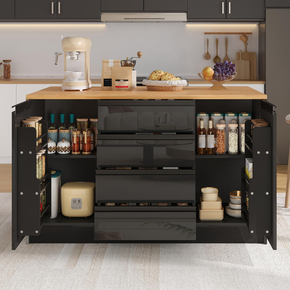 KÜCHENINSEL 140/50/90 cm Schwarz mit 4 Schubladen, ausklappbarer Arbeitsplatte und 2 Schränken - Schwarz, Holz (80/90/140cm) - Oxeza