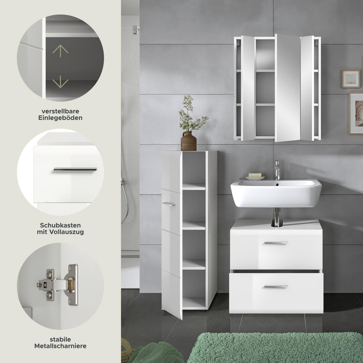 BADEZIMMER 3 tlg. Alba Bad in weiß und weiß hochglanz B/H/T: 105x185x30 cm - Weiß, Holz (105/185/30cm)