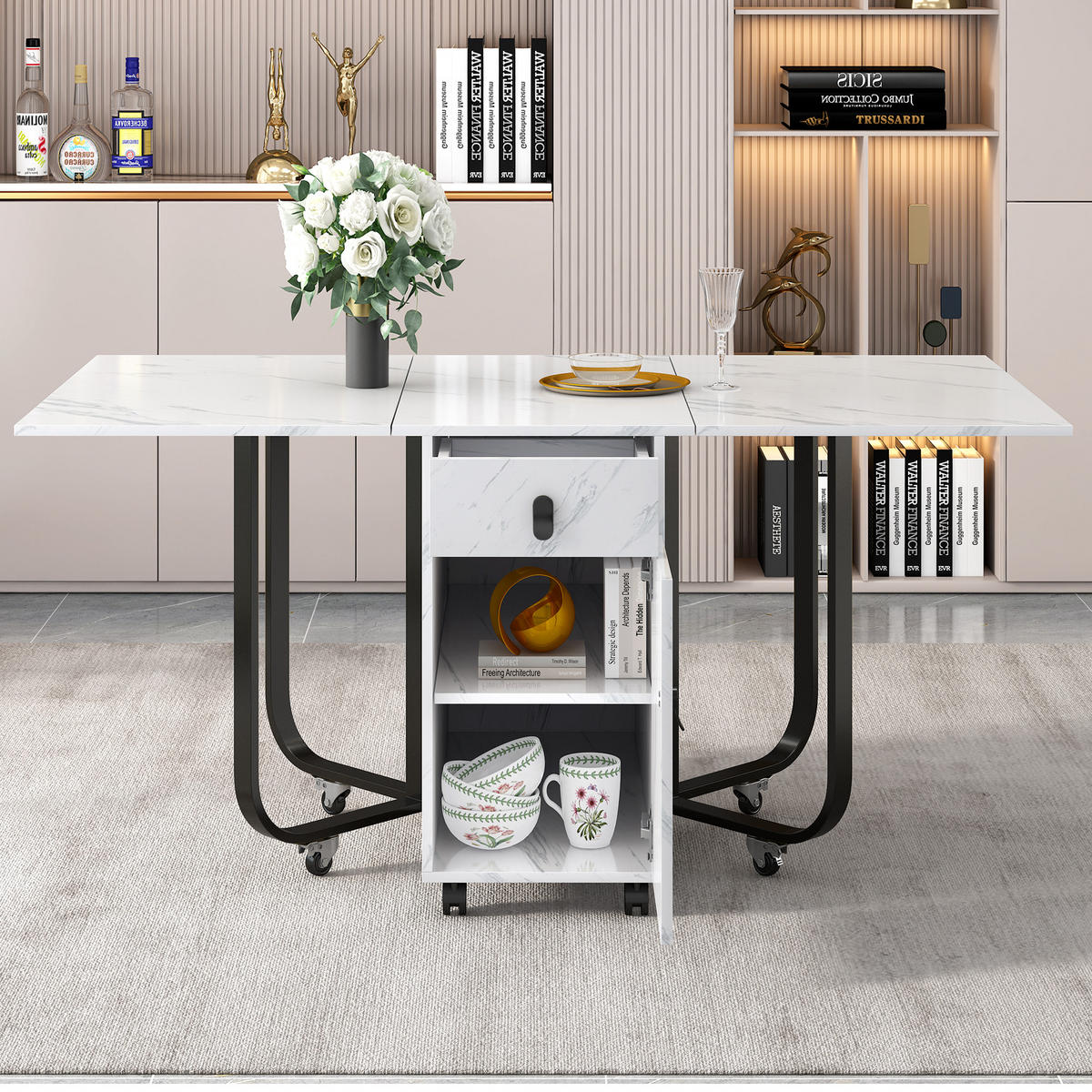 KLAPPBARER Esstisch 60 kg mit 2 Schubladen und Riemenscheibe Weiß MDF - Schwarz/Weiß, Holzwerkstoff (150/80/76cm) - OKWISH