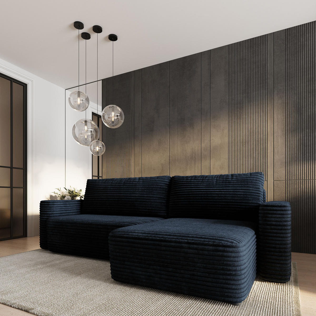 ECKSOFA TELIN Schwarz Kordstoff mit Schlaffunktion - Schwarz, Holz (280/162cm) - MASSENO