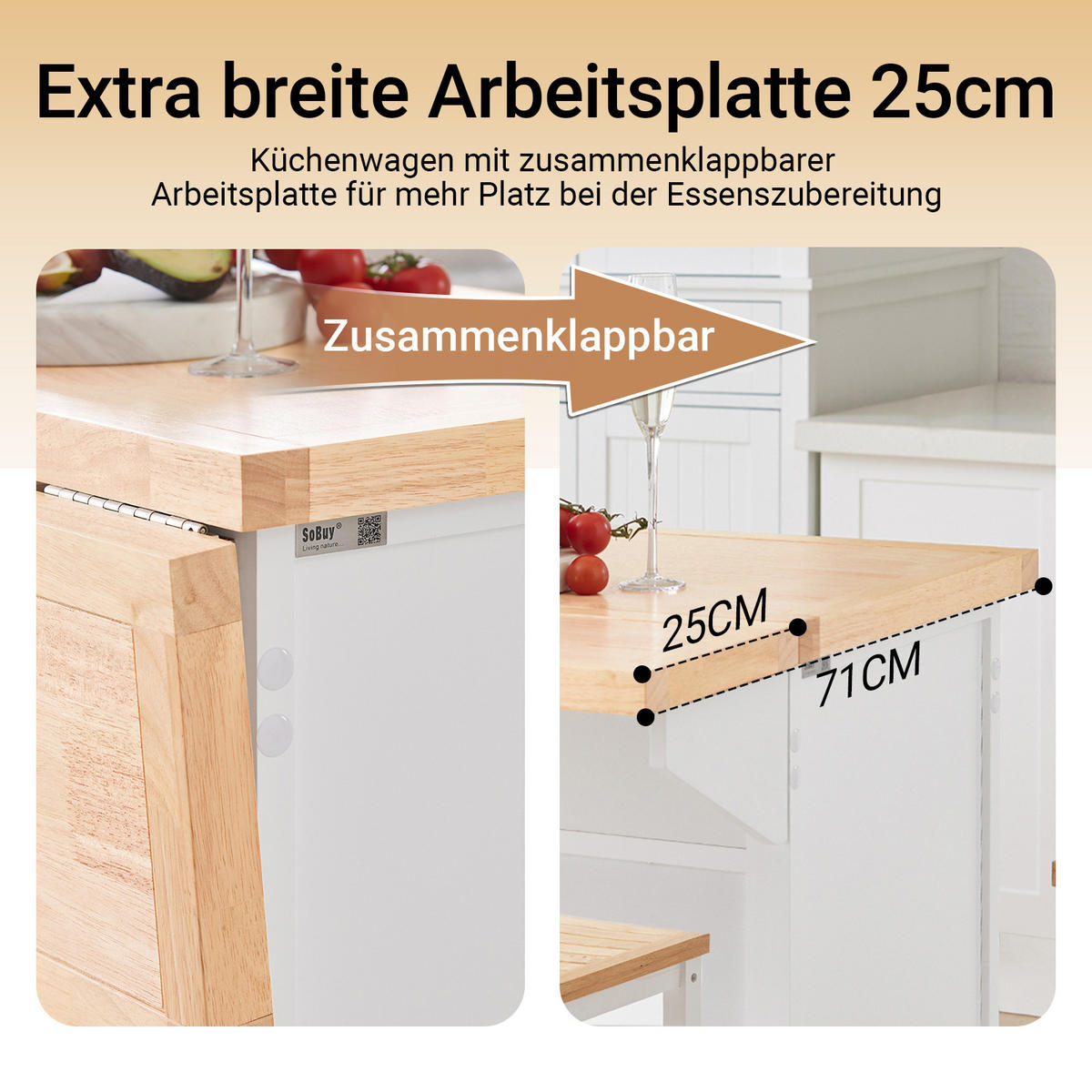 KÜCHENINSEL Weiß-Natur - Weiß, Holz/Holzwerkstoff (115/92/71cm) - SoBuy