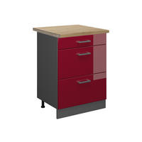 KÜCHENUNTERSCHRANK R-Line Rot Hochglanz 60 cm mit Schubladen, AP Eiche - Bordeaux/Anthrazit, Holzwerkstoff (60/81.6/60cm) - Vicco