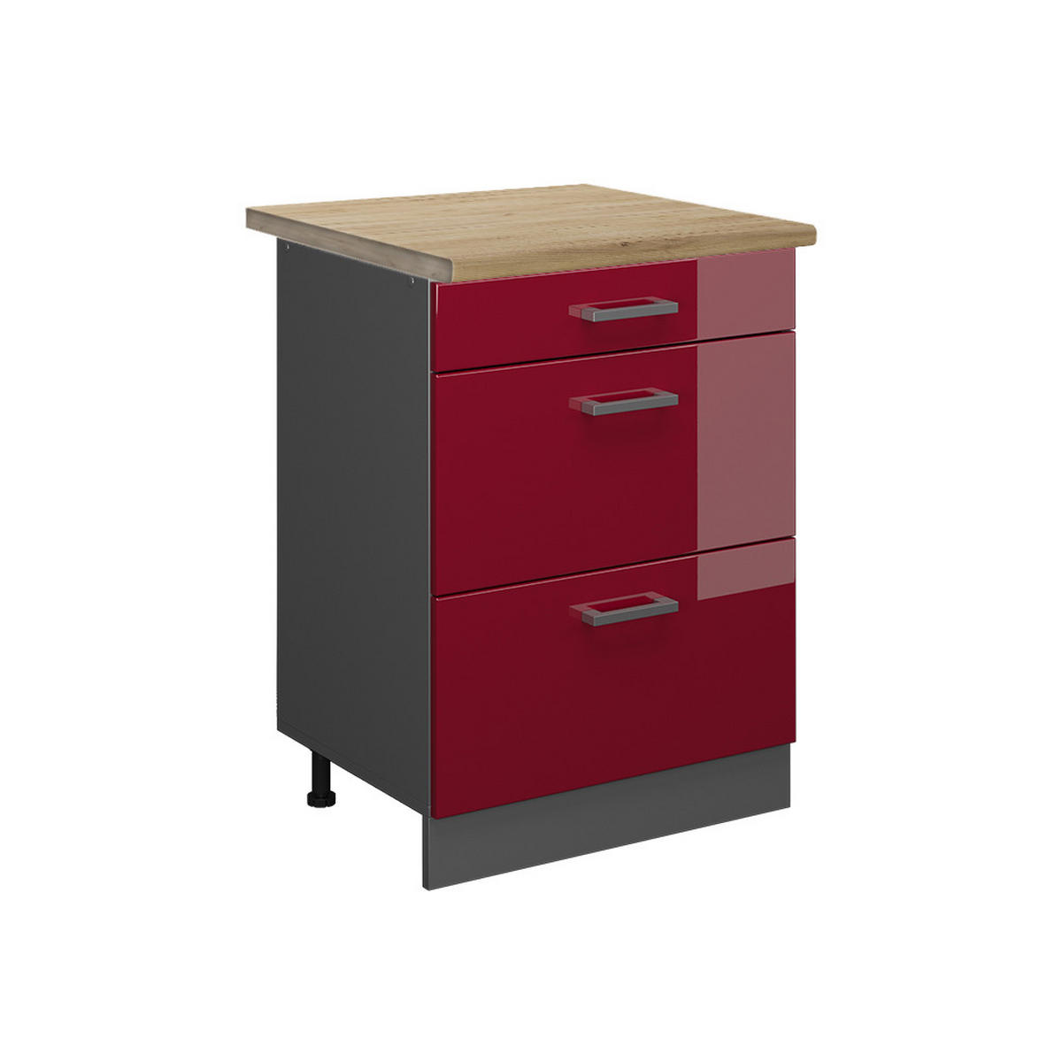 KÜCHENUNTERSCHRANK R-Line Rot Hochglanz 60 cm mit Schubladen, AP Eiche - Bordeaux/Anthrazit, Holzwerkstoff (60/81.6/60cm) - Vicco