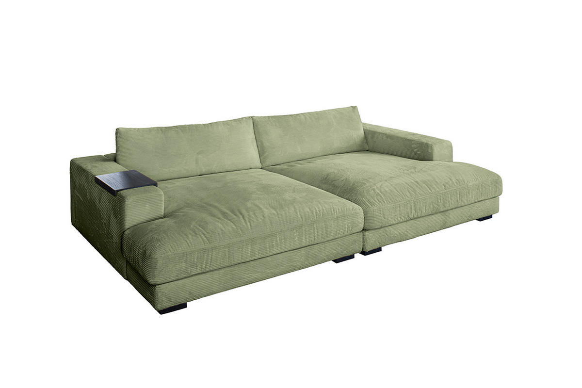 BIG SOFA MIT TABLETT SCHWARZ MADELINE Grün Cord - Schwarz/Olivgrün, Kunststoff/Textil (290/85/170cm) - KAWOLA