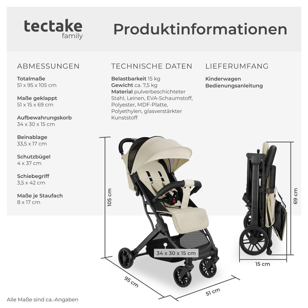 BUGGY-KINDERWAGEN Finn, für 0 bis 36 Monate geeignet, Belastbarkeit 15 kg, grau/beige - Beige/Grau, Textil (95/51/105cm) - tectake