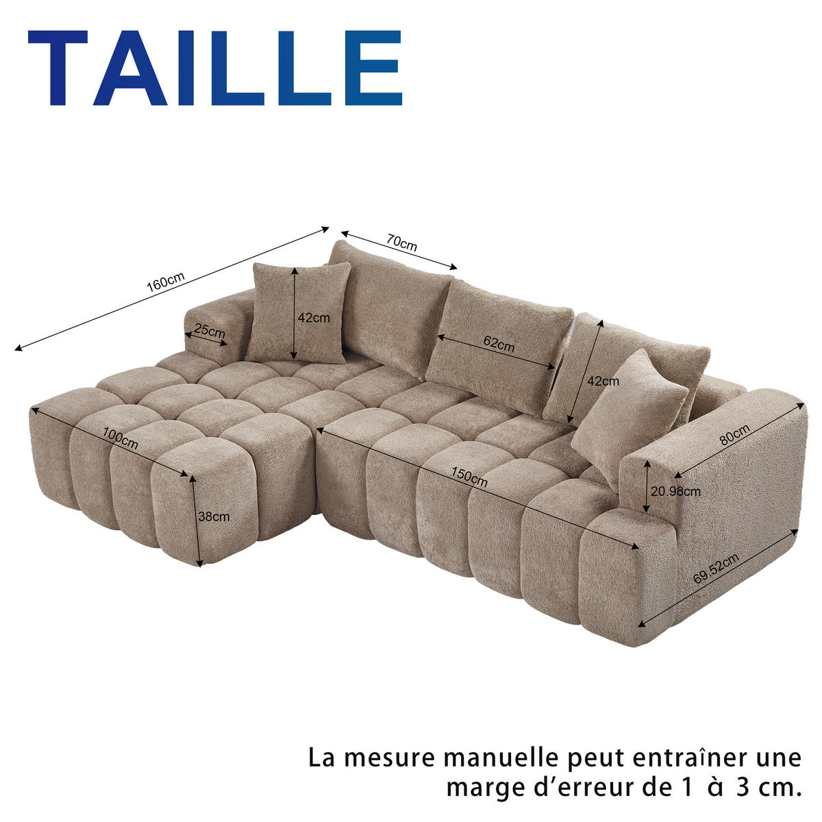 ECKSOFA modular mit Chaise longue 250/150/65 cm, Fango, Khaki - Sandfarben, Textil (160/250cm) - MIVRAY