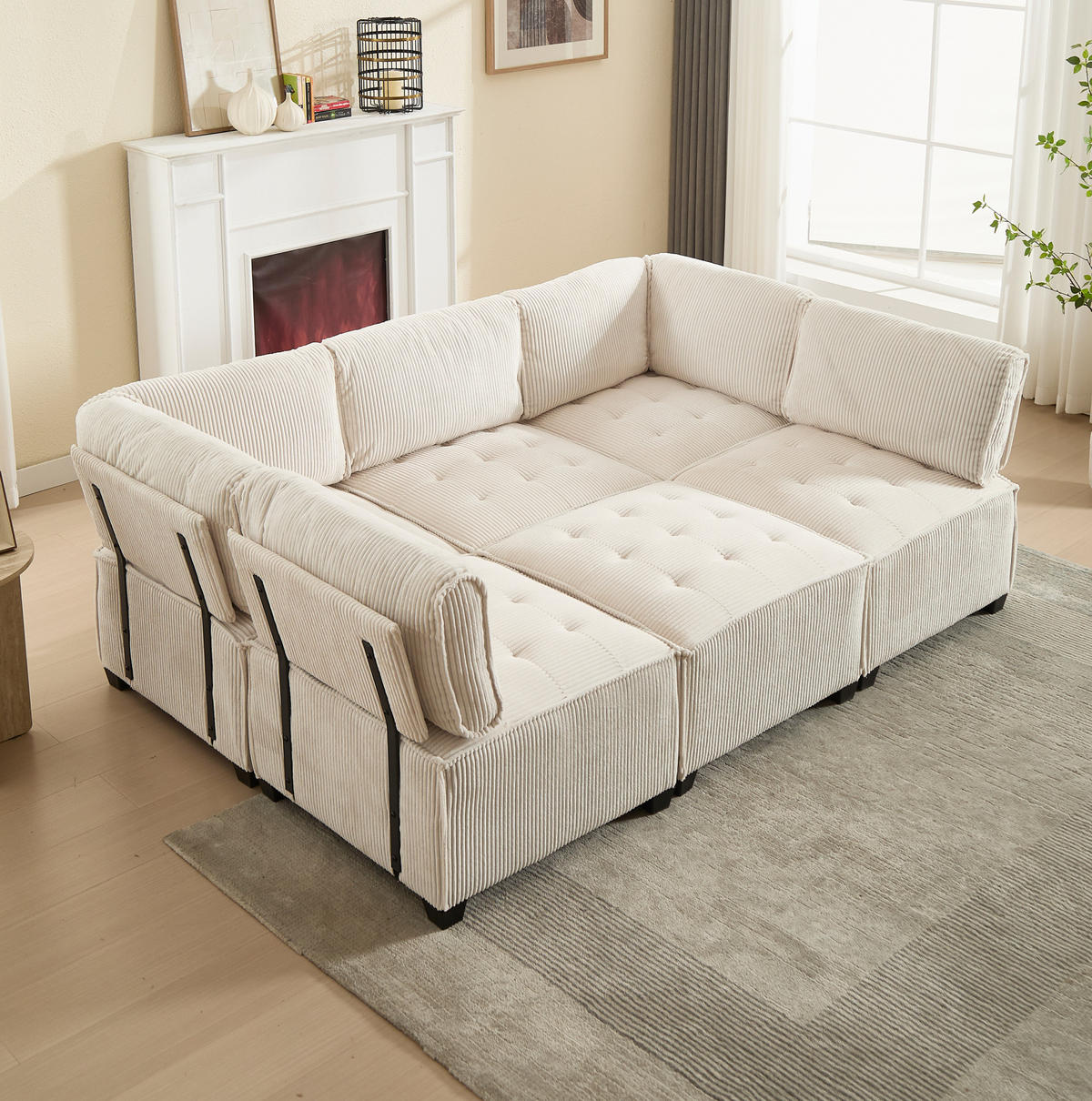 SOFA modular 308 x 154 cm Cord Beige 6-Sitzer - Beige, Kunststoff (154/82/308cm) - Meubliv