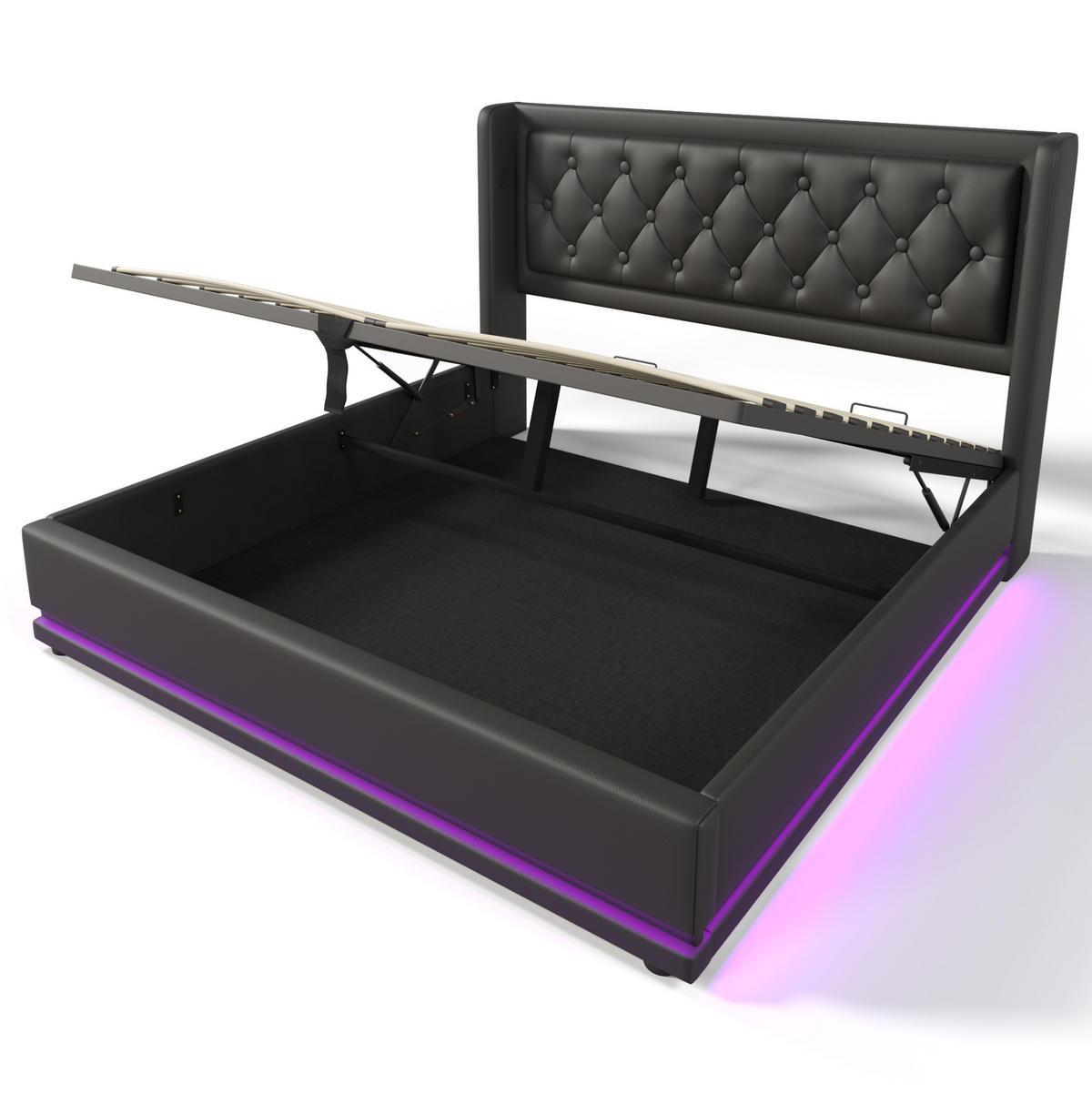 POLSTERBETT 140/200 cm mit USB-C, Matratze, LED und hydraulischem Bettkasten, PU, Schwarz - Schwarz, Kunststoff (140/200cm) - Redom