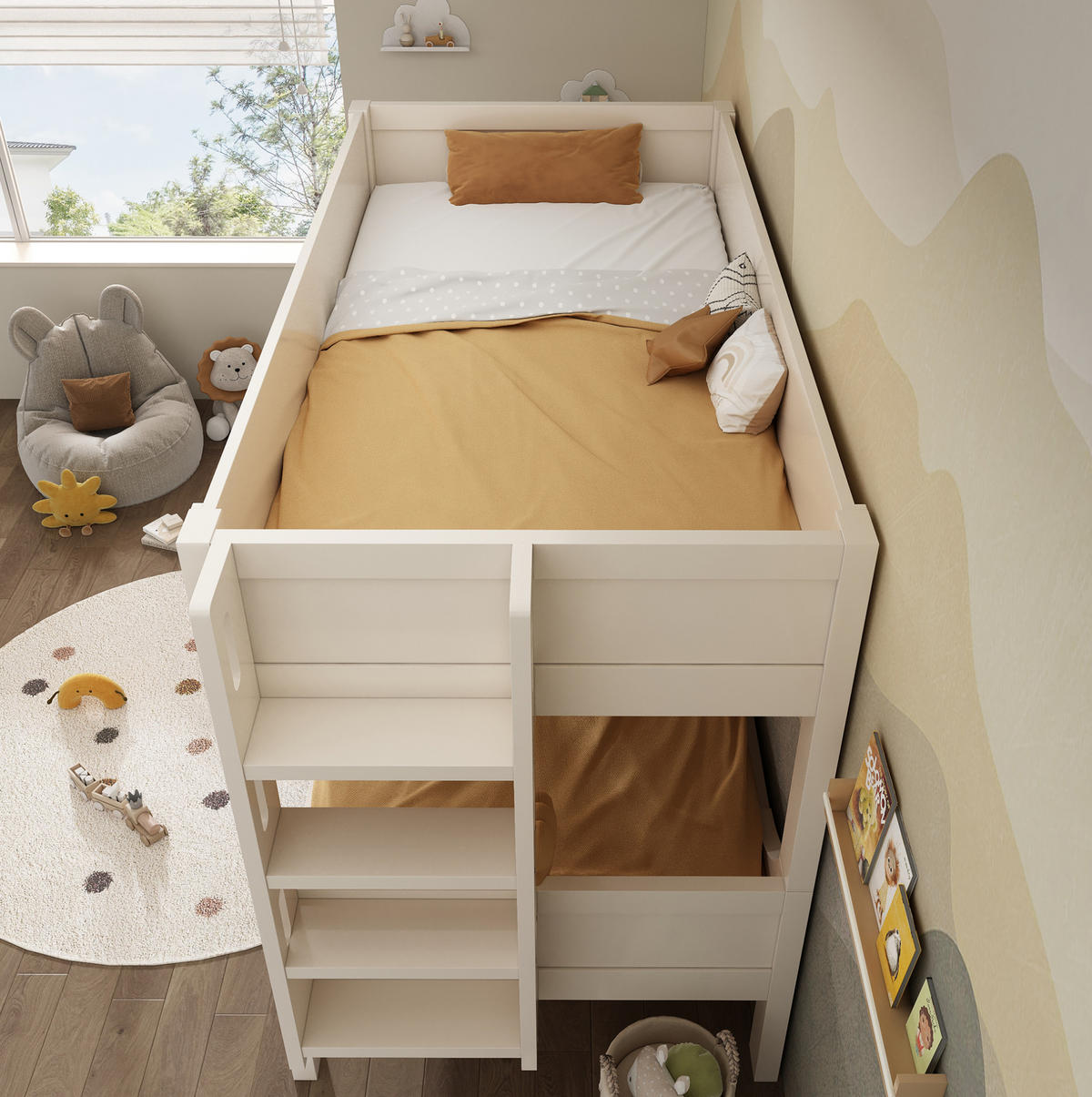 ETAGENBETT aus MDF 90x200 cm in Weiß mit flexibler Leiter - Weiß, Holzwerkstoff (90/200cm) - Modfu