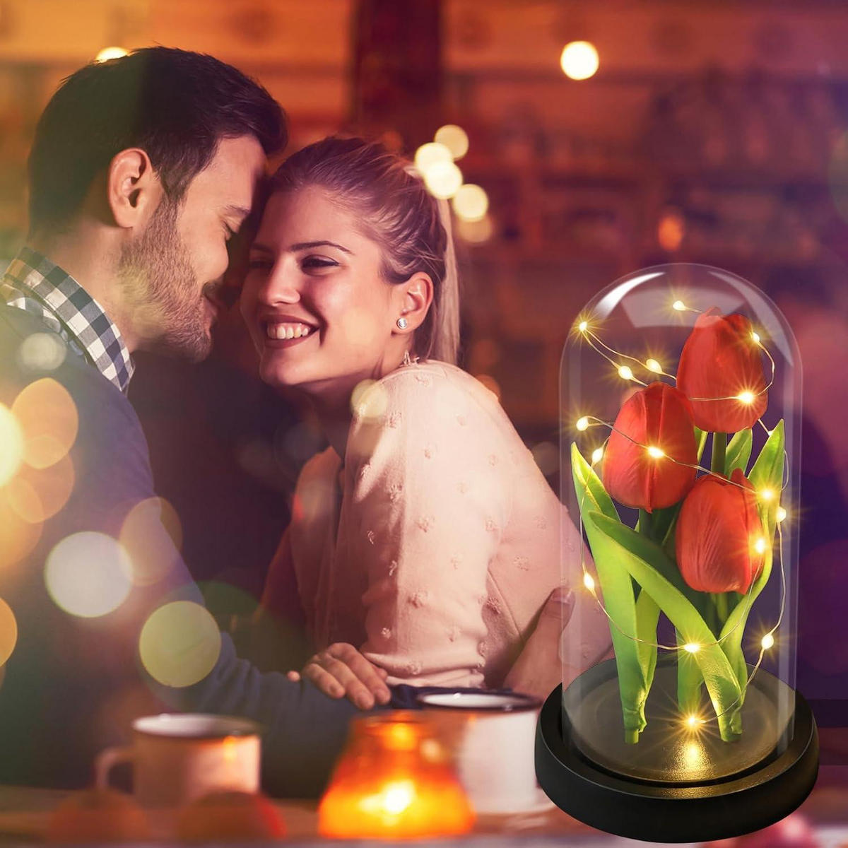 KÜNSTLICHE Tulpe in Glaskuppel mit LED-Licht - Rot, Glas (25cm)