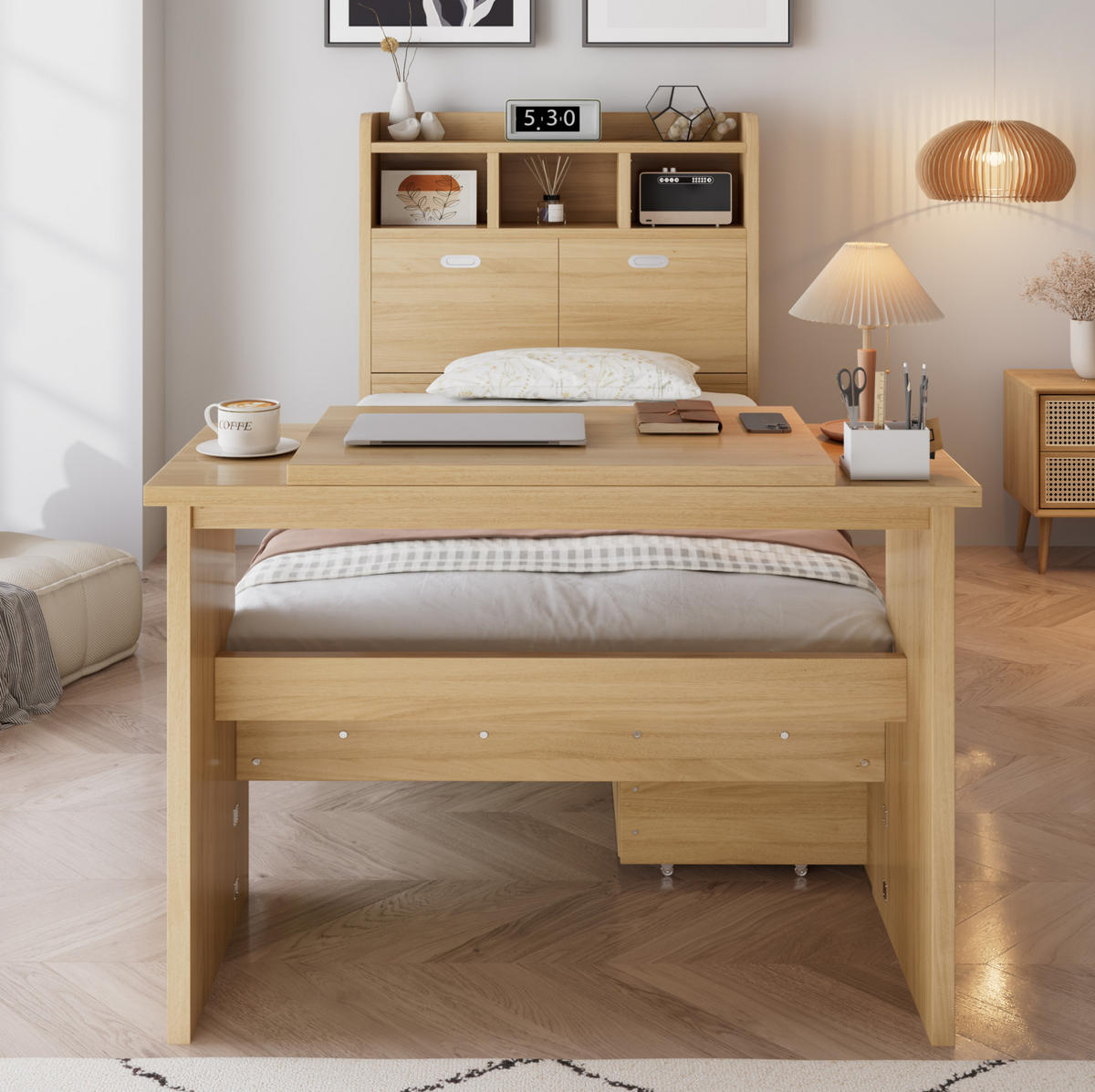 BETT 90x200 cm in Naturholzoptik mit Stauraum und Klapptisch - Naturfarben, Holz (90/200cm) - Flora Grace