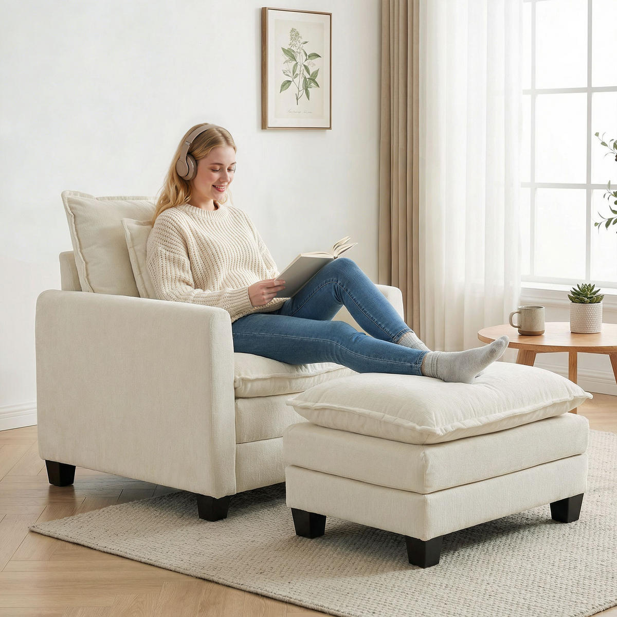 SESSEL DE-13505 mit Fußhocker, breite Sitzfläche, Chenille Creme - Creme, Textil (85/86/128cm) - ComfortXL