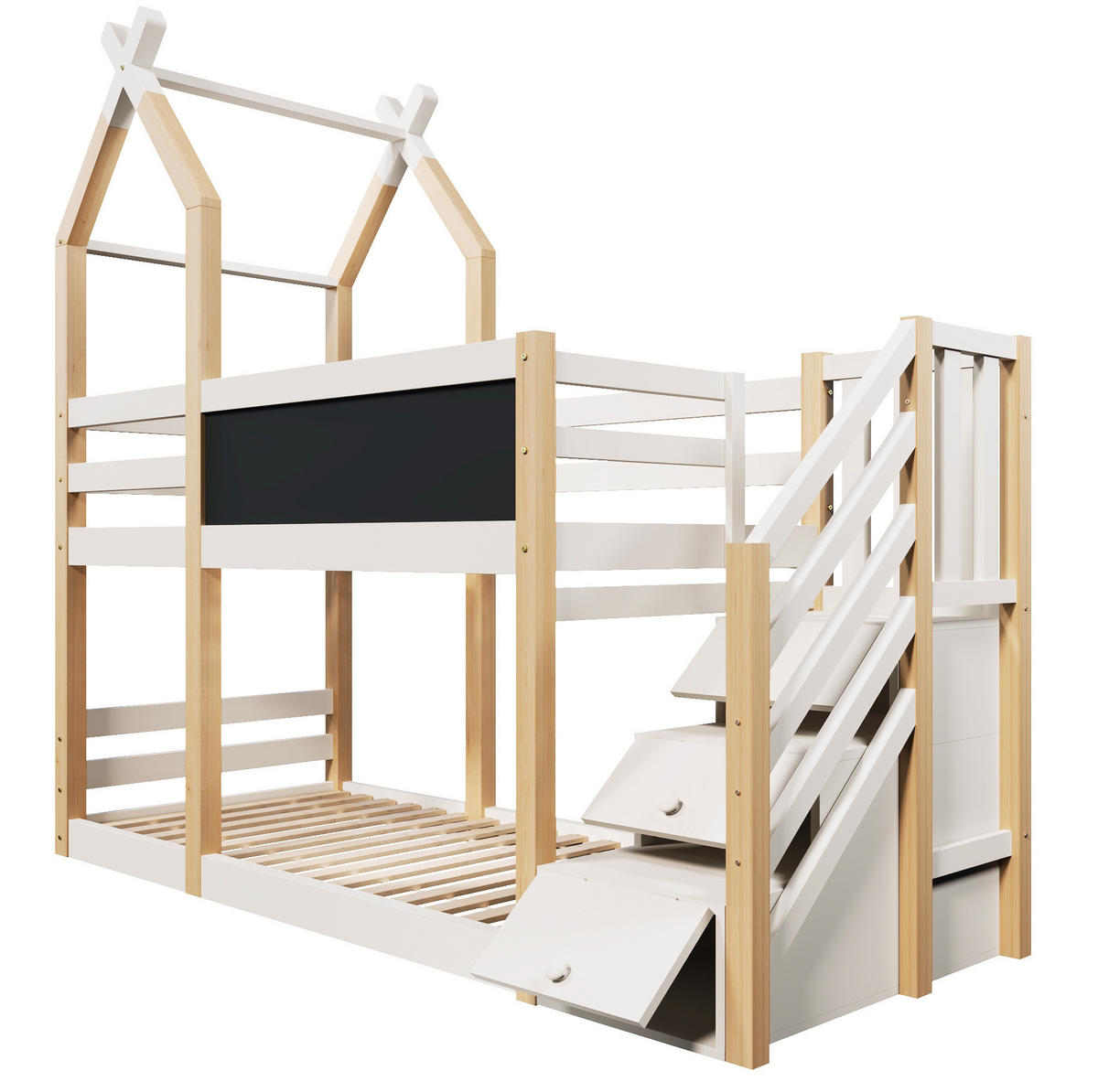 ETAGENBETT 90/200 cm Weiß Baumhaus Design mit Tafel und Rausfallschutz - Weiß, Holzwerkstoff (90/200cm) - OKWISH