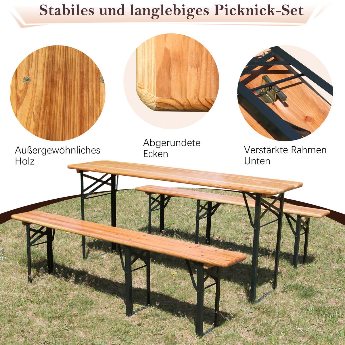 SKLÁDACÍ pivní set 177/46/78 cm přírodní z dřeva a kovu se stolem a 2 lavicemi - hnědá, kov - OKWISH