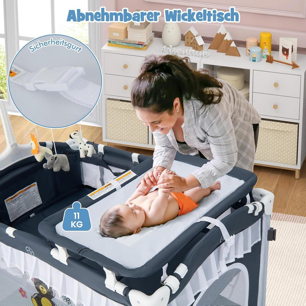 BABYBETT mit abnehmbarem Baldachin grau - Grau, Textil - COSTWAY