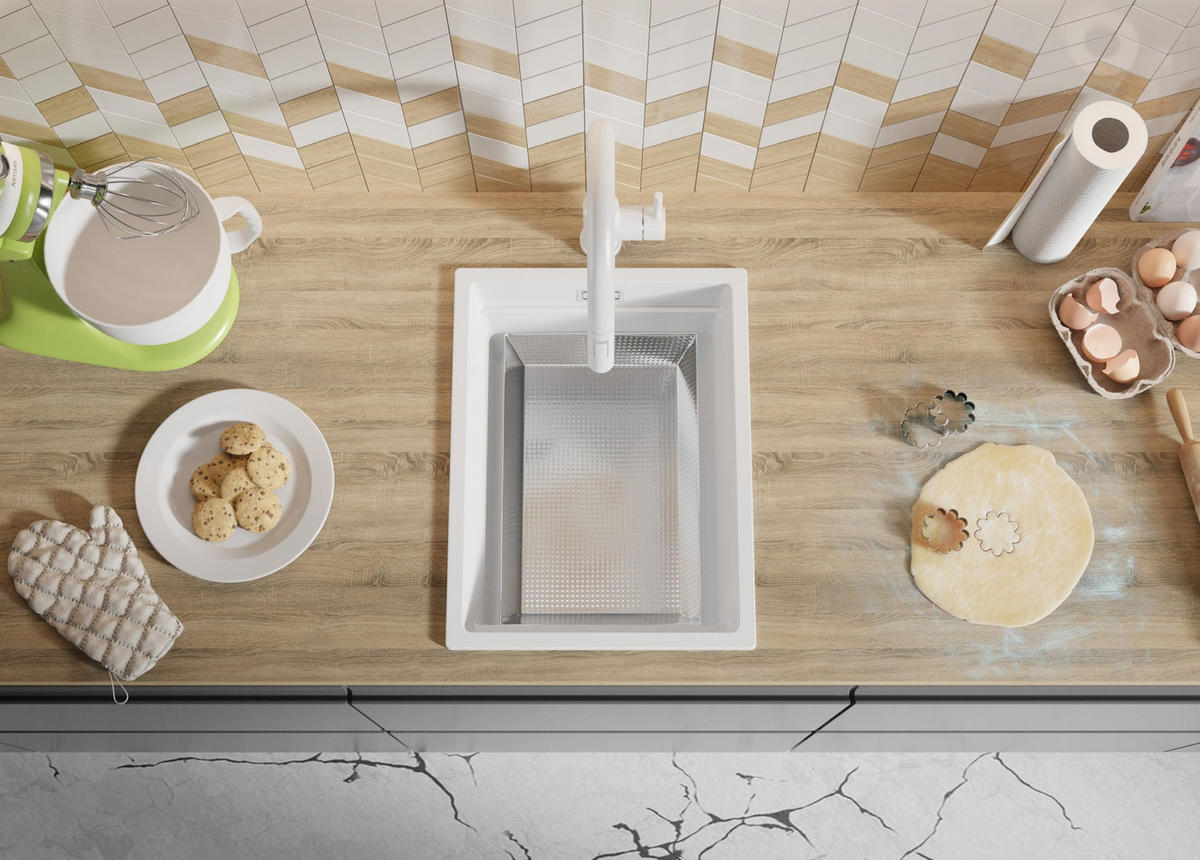 GRANITSPÜLE Praga Slim, 2-er set Weiß 36/47 cm 1 Becken + Küchenarmatur 40/20 cm + Ablauf-Set + Aufrollbare Abtropffläche ab 40er Unterschrank - Chromfarben/Weiß, Kunststoff (36/20/47cm) - Primagran