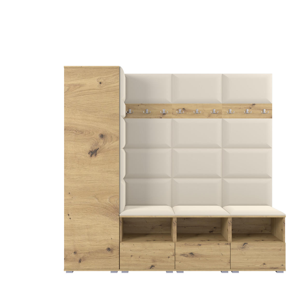 GARDEROBE NELA IX 200 cm (Modulare Flurmöbel Artisan Eiche mit Sitzpolster Creme 01 Breite Sitzbank) - Silberfarben/Creme, Holz/Holzwerkstoff (200/187/40cm) - Ravio