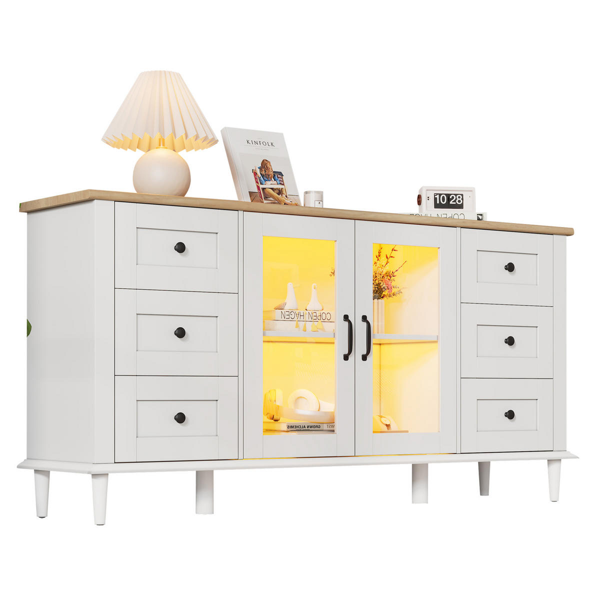 SIDEBOARD 150/40/75 cm mit 2 Acryltüren, 6 Schubladen & LED in Weiß/Holzoptik - Weiß, Holzwerkstoff (150/75/40cm) - BEAOK