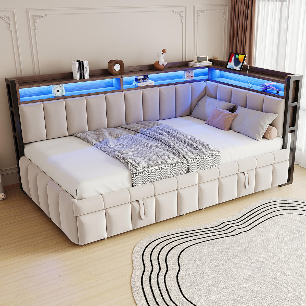 AUSZIEHBETT 90/200 cm ausziehbar mit LED und USB, DE-41717, in Beige - Beige, Metall (90/200cm) - ComfortXL