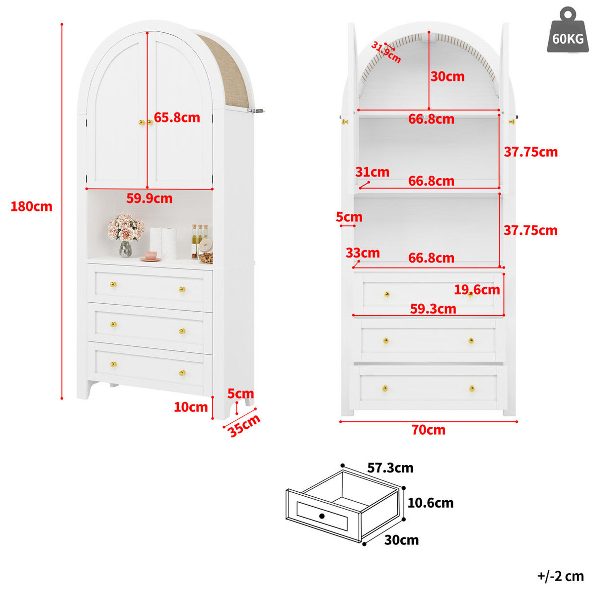 ANRICHTE 70/35/180 cm in Weiß mit 3 Schubladen und offenen Fächern - Weiß, Holzwerkstoff (70/180/35cm) - Flora Grace