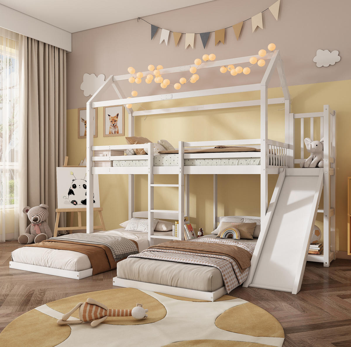 ETAGENBETT Hausbett mit Rutsche, Weiß, 90/200 cm, 3 Schlafplätze - Weiß, Holz (90/200cm) - MIVRAY