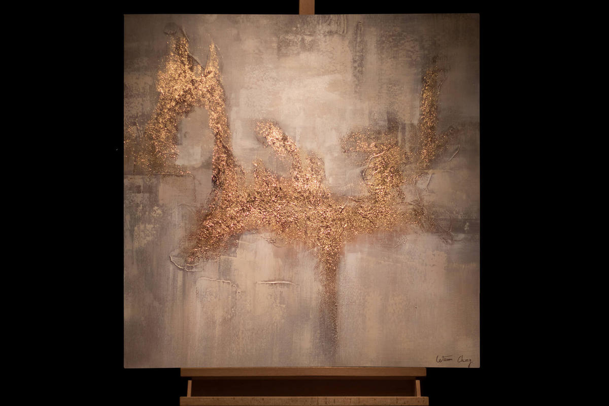 RUČNE MAĽOVANÝ AKRYLOVÝ OBRAZ 80/80 cm, sivý/zlatý, abstraktný geometrický motív - sivá/zlatá, drevo/textil (80/80cm) - KUNSTLOFT