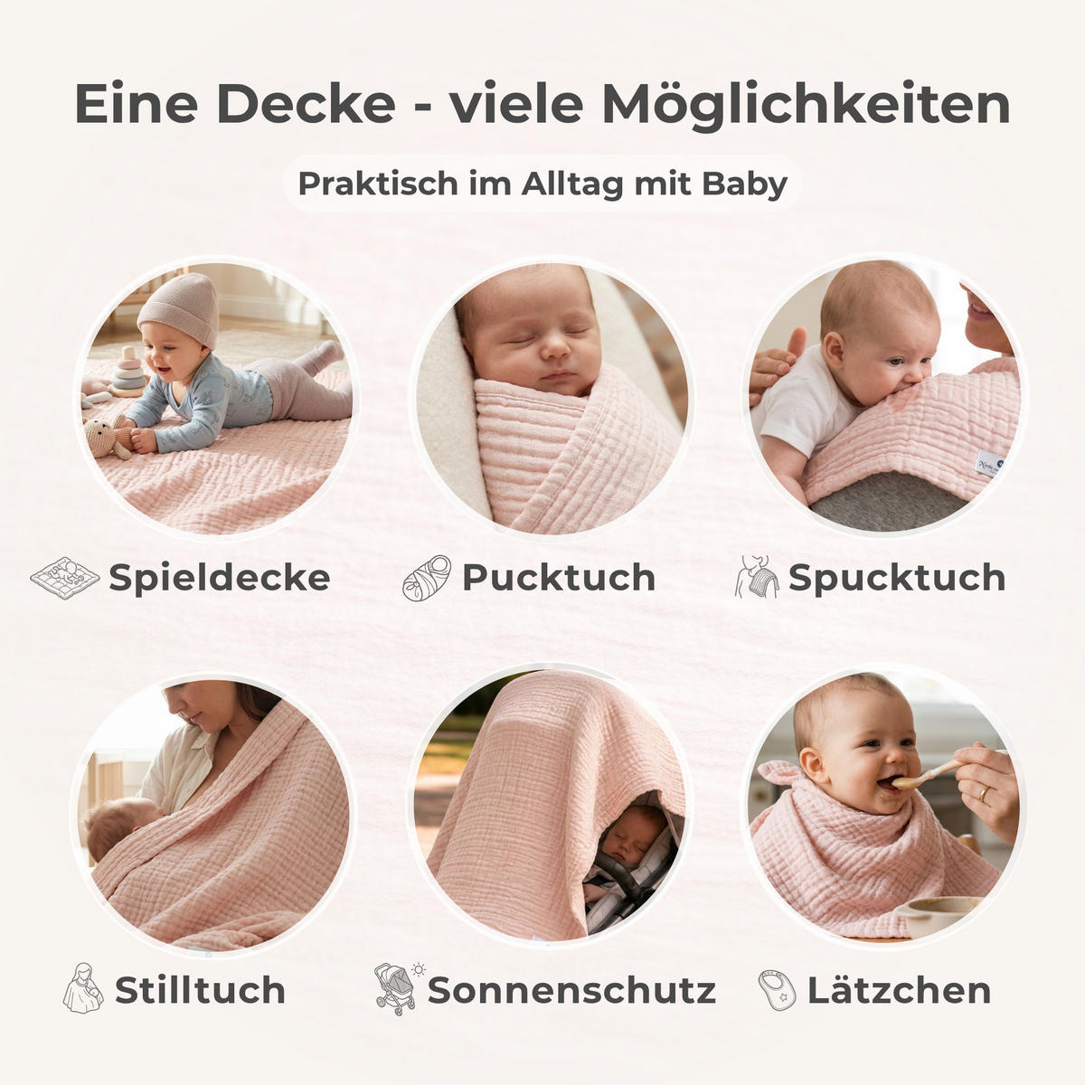 MUSSELINDECKE Babydecke Musselin Einschlagdecke Puckdecke Atmungsaktiv - Rosa, Textil (80/80cm) - nordic coast company